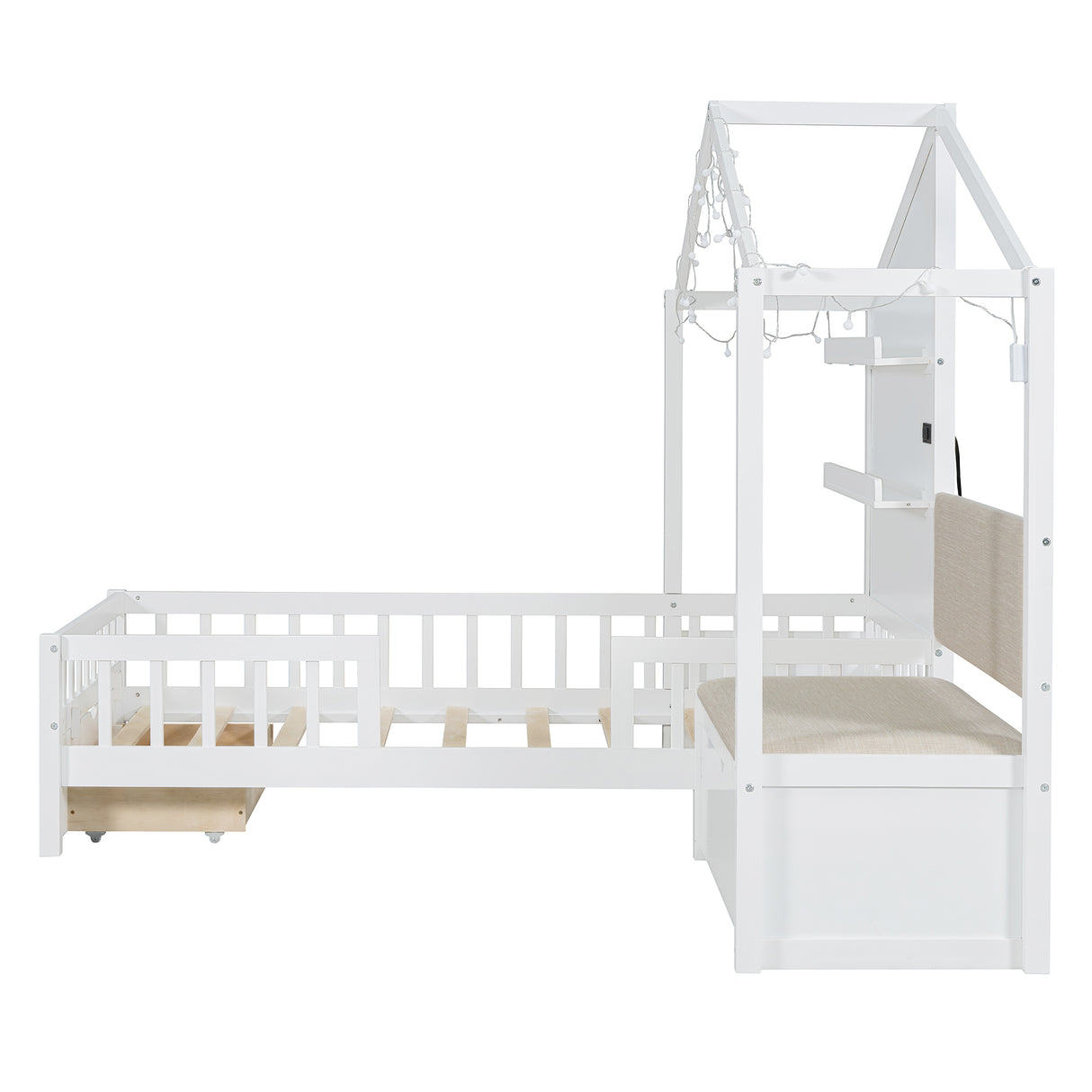 Twin Size House Bed with Upholstered Sofa, House Bed with Charging Station, Wireless Charging, Shelves and Two Drawers, White - V.I.P Digital Presence