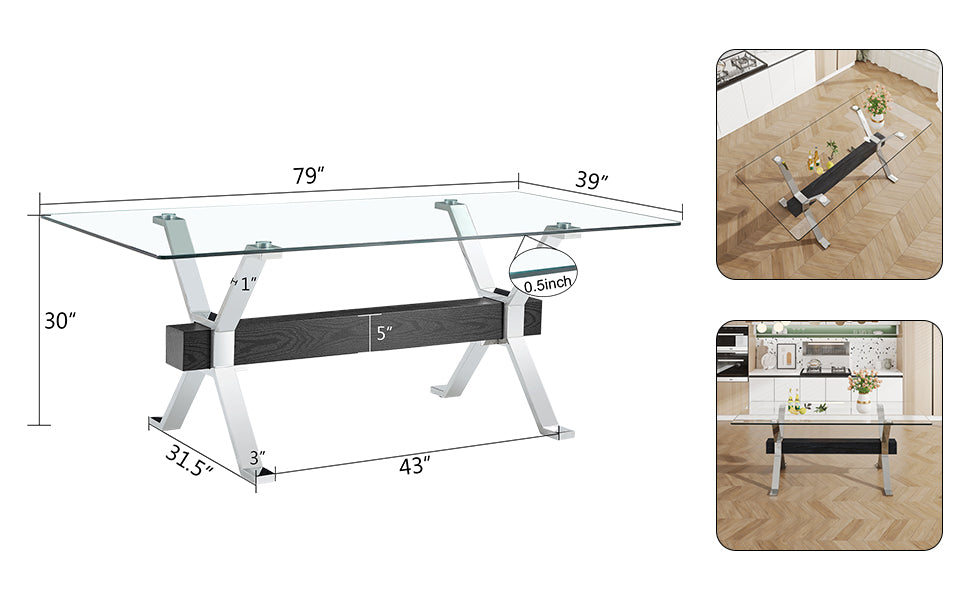 Dining table Modern tempered glass dining table Large modern office desk with silver plated metal legs and MDF crossbars - V.I.P Digital Presence