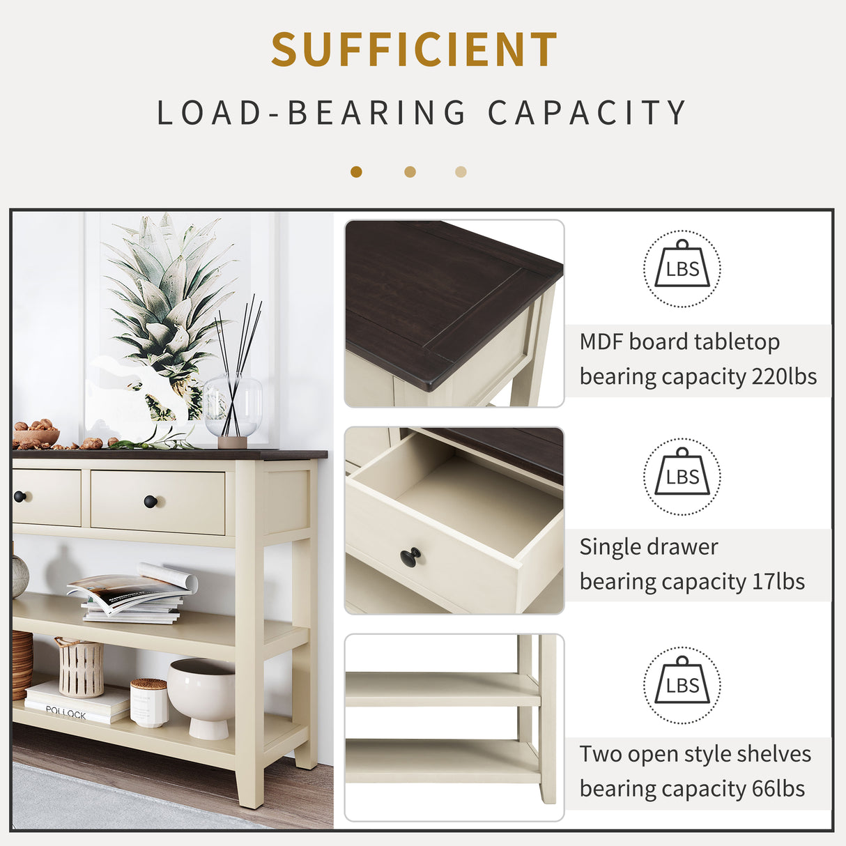 Retro Design Console Table with Two Open Shelves, Pine Solid Wood Frame and Legs for Living Room (Espresso+Beige) - V.I.P Digital Presence