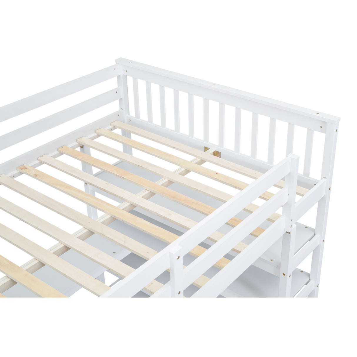 Full Size Loft Bed with Storage Shelves and Under-bed Desk White