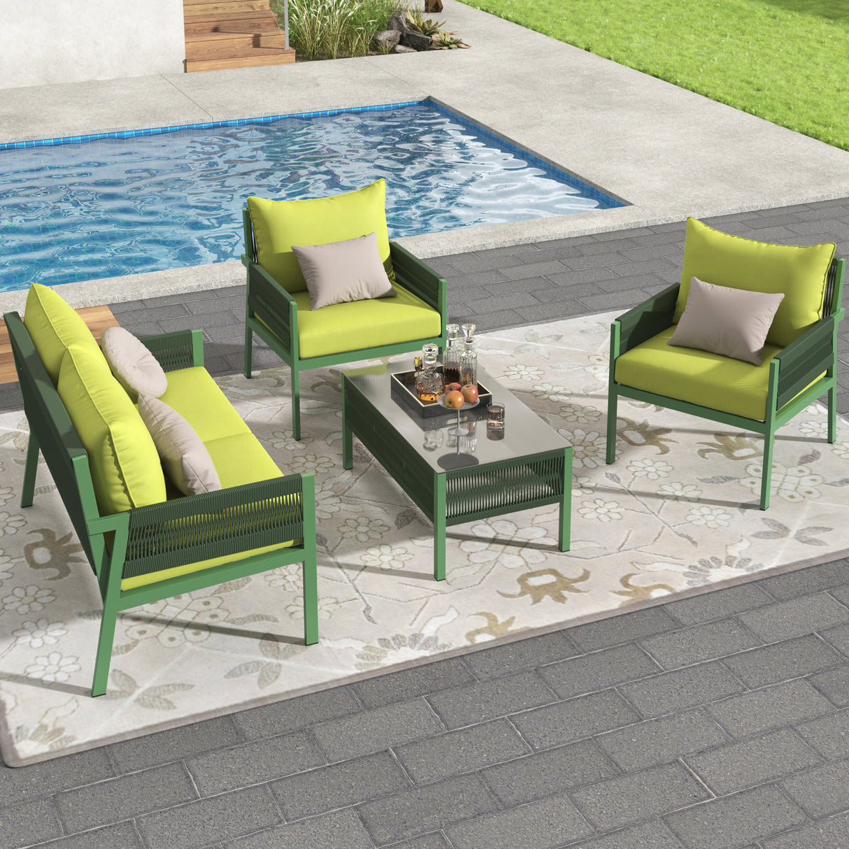 Outdoor Furniture with Tempered Glass Table, Set Deep Seating with Thick Cushion (Fluorescent Yellow & Green)