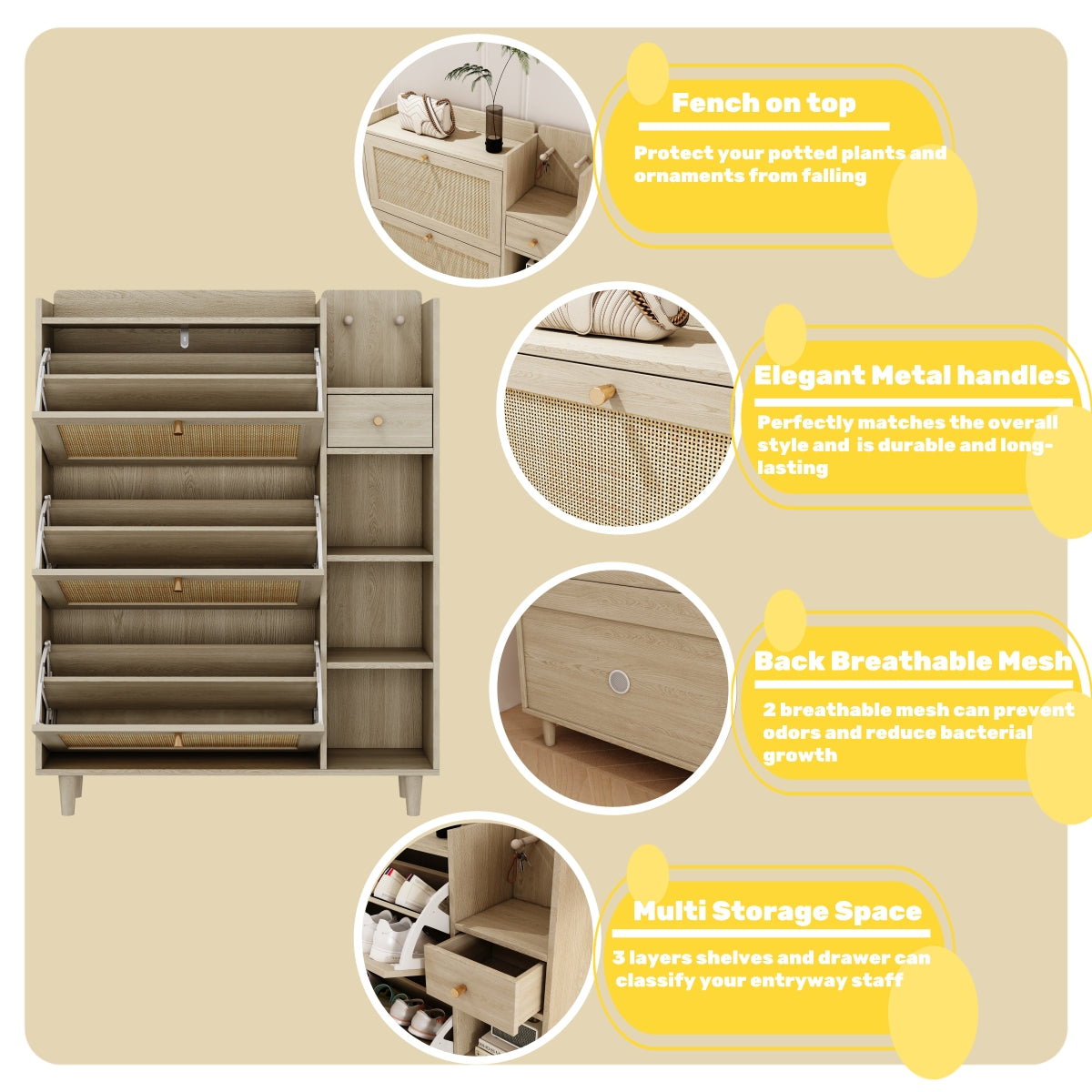 Natural Bohemian style shoe cabinet with 3 rattan flip drawers, 3 square shelves, and 1 storage drawer, Natural - V.I.P Digital Presence