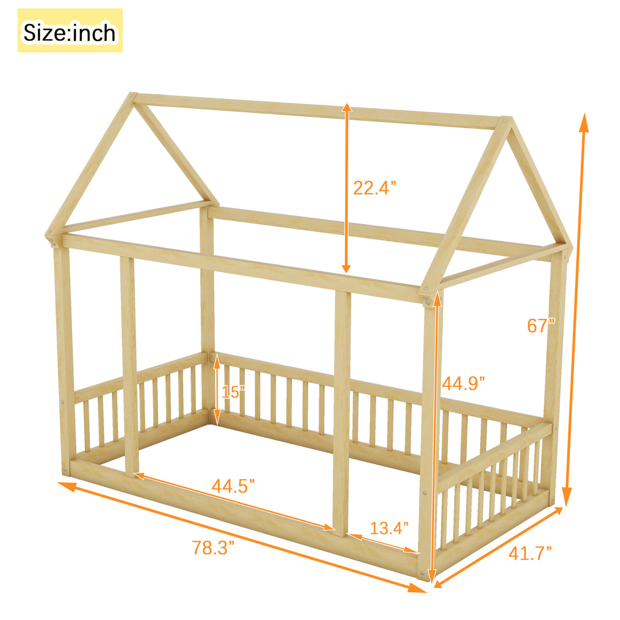 Twin Size Floor Wooden Bed with House Roof Frame and Safety Guardrails,Natural - V.I.P Digital Presence