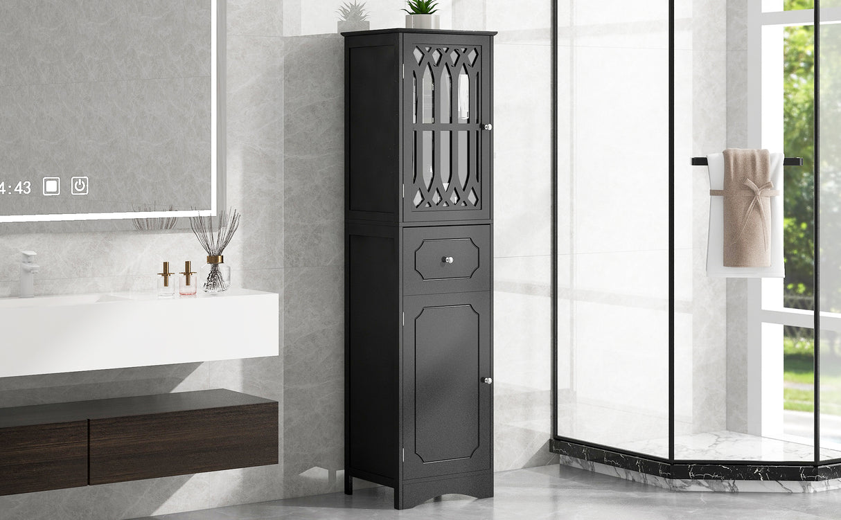 Tall Bathroom Cabinet, Freestanding Storage Cabinet with Drawer and Doors, MDF Board, Acrylic Door, Adjustable Shelf, Black - V.I.P Digital Presence