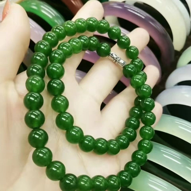 Hetian Biyu necklace, spinach green jade necklace, round bead style, Taiwan green jade necklace - V.I.P Digital Presence