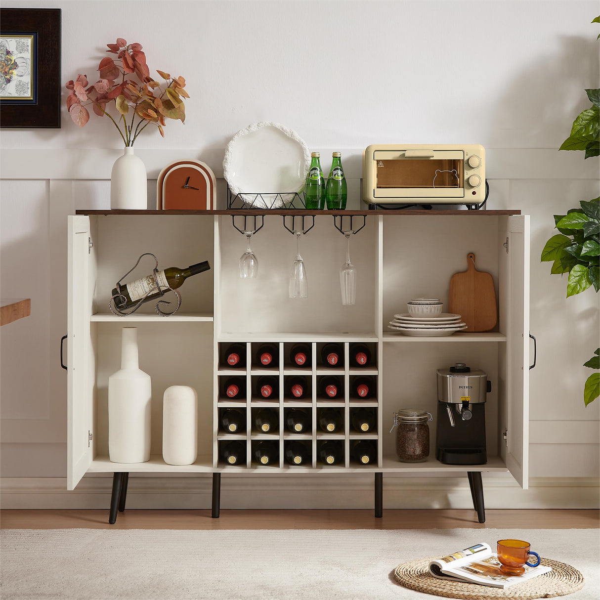 White Faux Rattan Barn Door Wine Cabinet with Wine Rack and Wine Glass Rack, Double Door Design with Removable Shelves - V.I.P Digital Presence