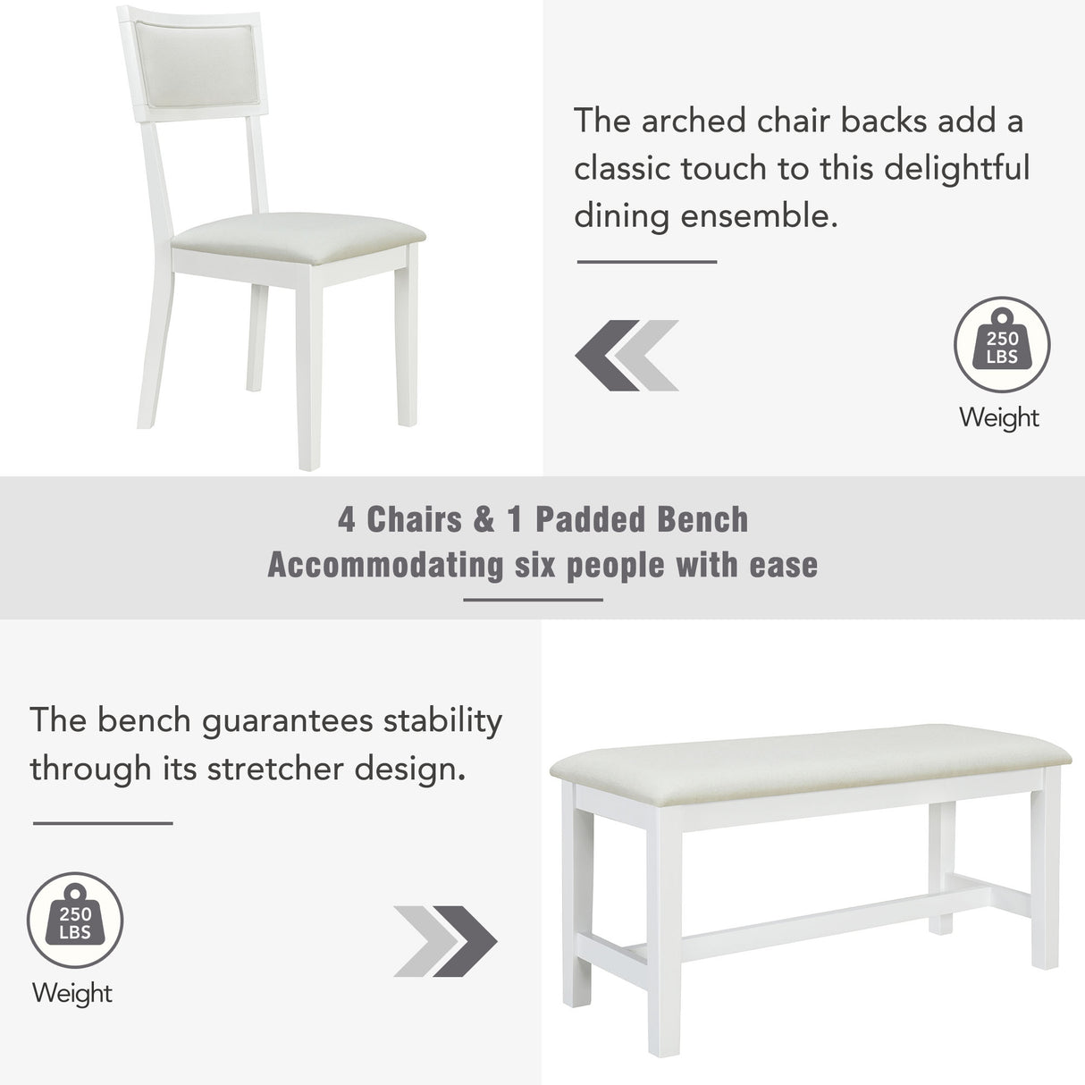 TOPMAX Farmhouse 6-Piece Trestle Dining Table Set with Upholstered Dining Chairs and Bench 59inch, White
