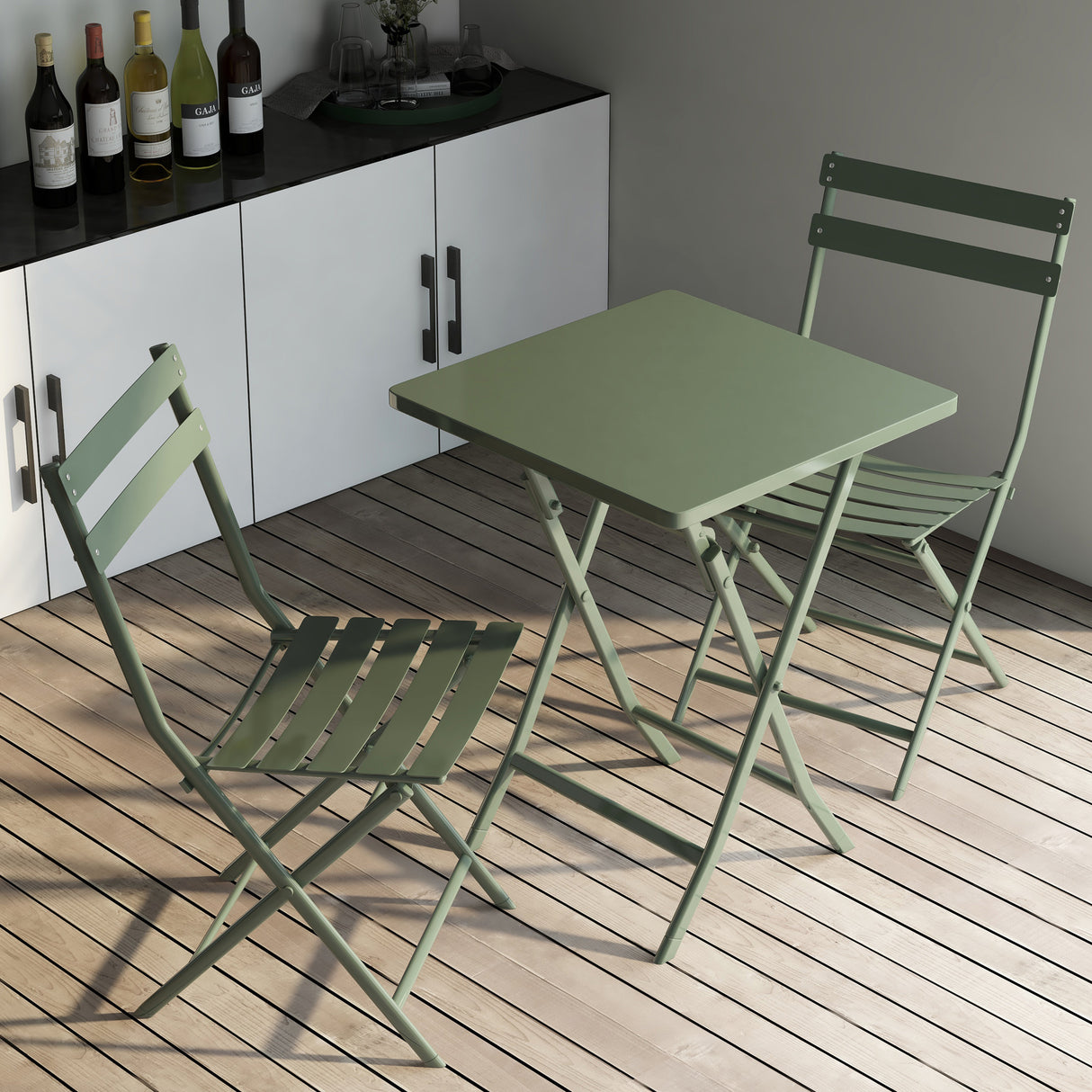 3 Piece Patio Bistro Set of Foldable SquareTable and Chairs, Dark Greem - V.I.P Digital Presence