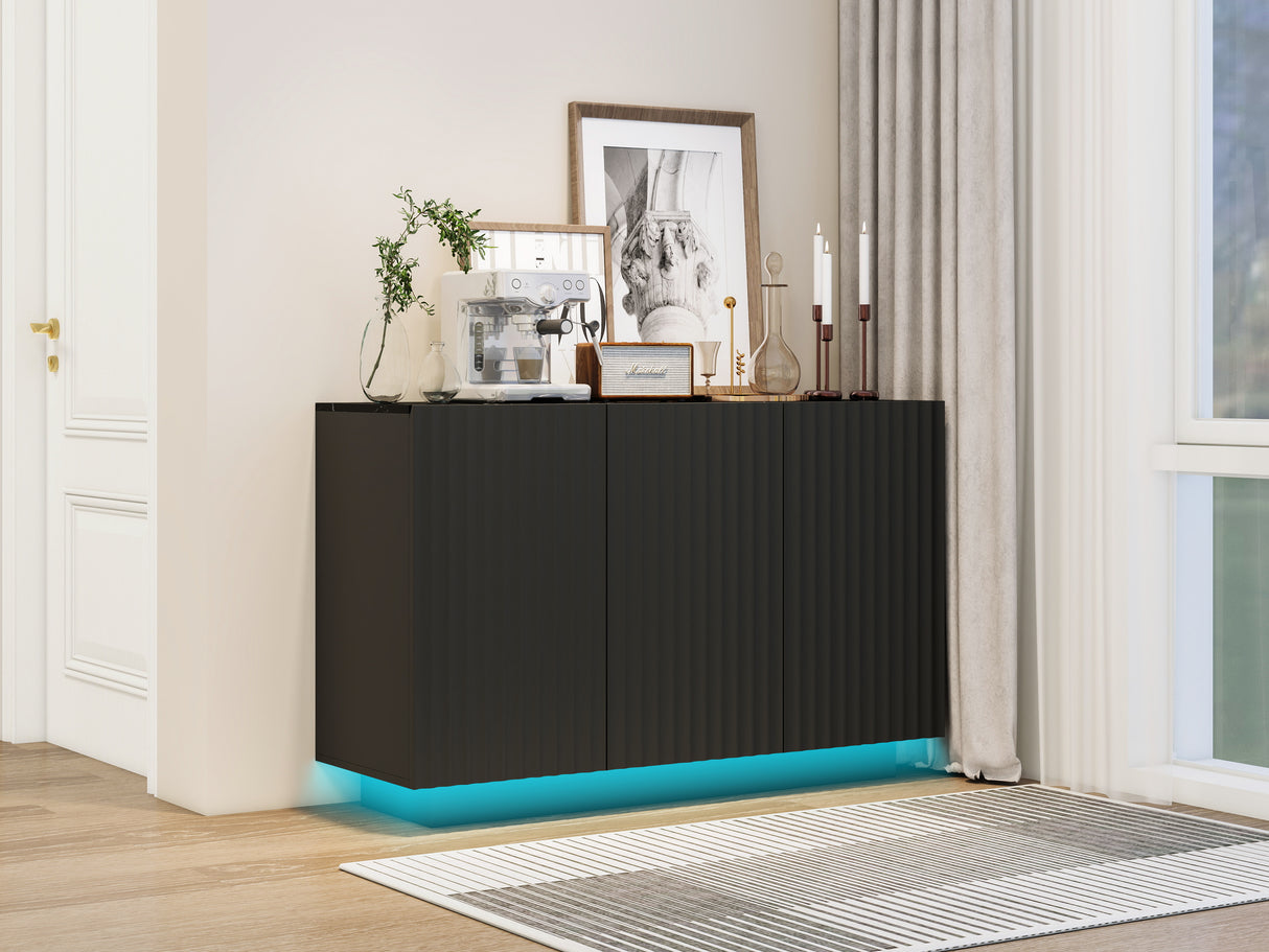 LED Carved Line 3 Door Storage Cabinet,Sideboard Buffet Cabinet With Adjustable Shelf,Large Storage Accent Cabinet - V.I.P Digital Presence