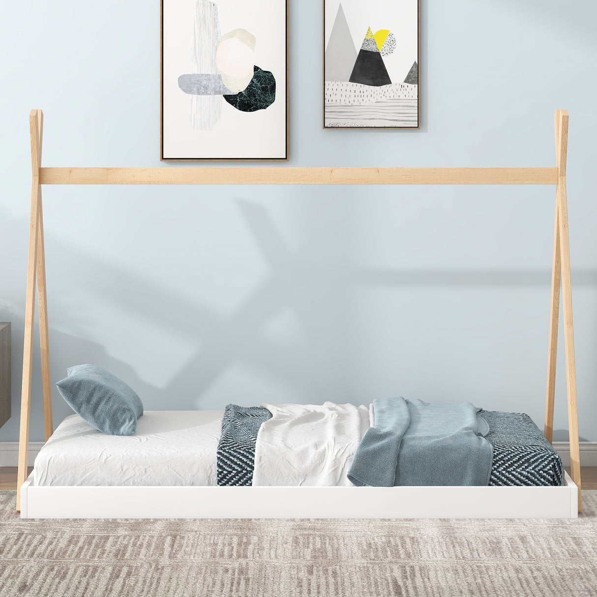 Twin Size Tent Floor Bed with Triangle Structure White+Natural