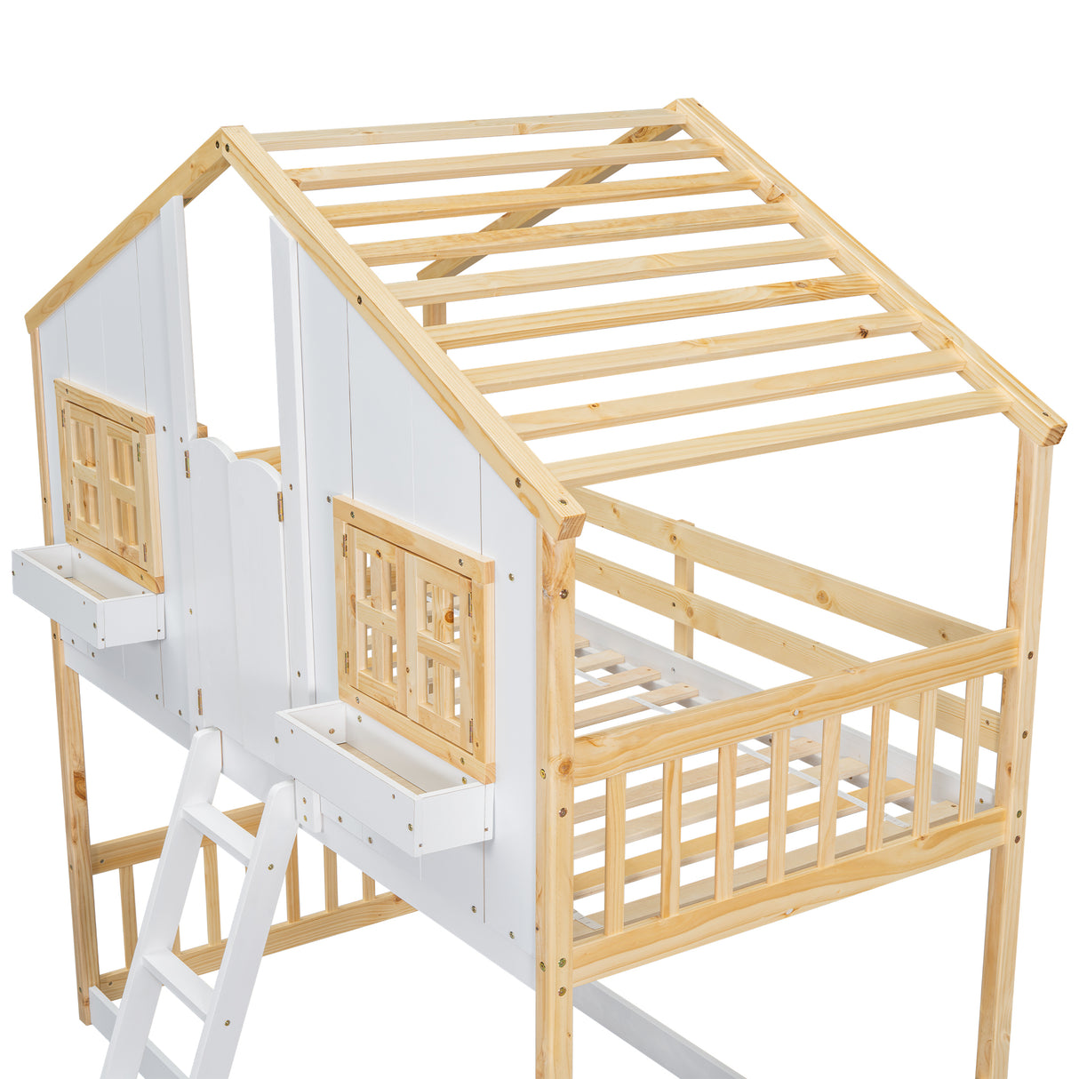 Twin over Twin House Bunk Bed with Roof , Window, Window Box, Door , with Safety Guardrails and Ladder, Natural/White - V.I.P Digital Presence