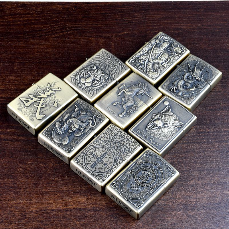 Kerosene lighter windproof retro style grinding wheel personalized bronze relief fuel dispenser - V.I.P Digital Presence