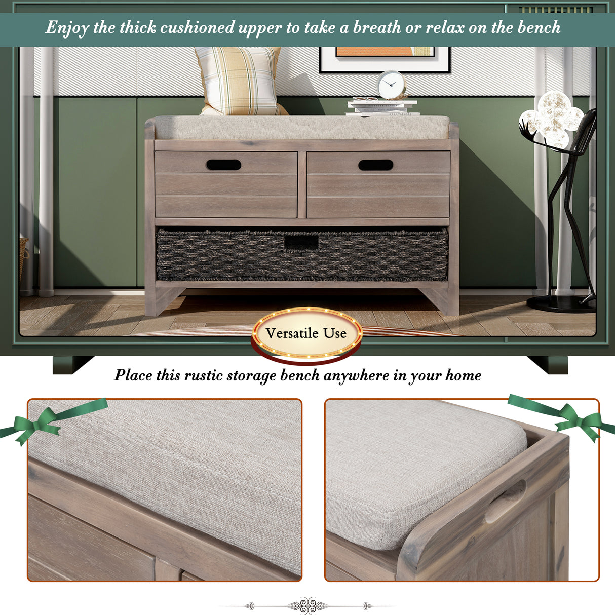 TREXM Storage Bench with Removable Basket and 2 Drawers, Fully Assembled Shoe Bench with Removable Cushion (White Washed) - V.I.P Digital Presence