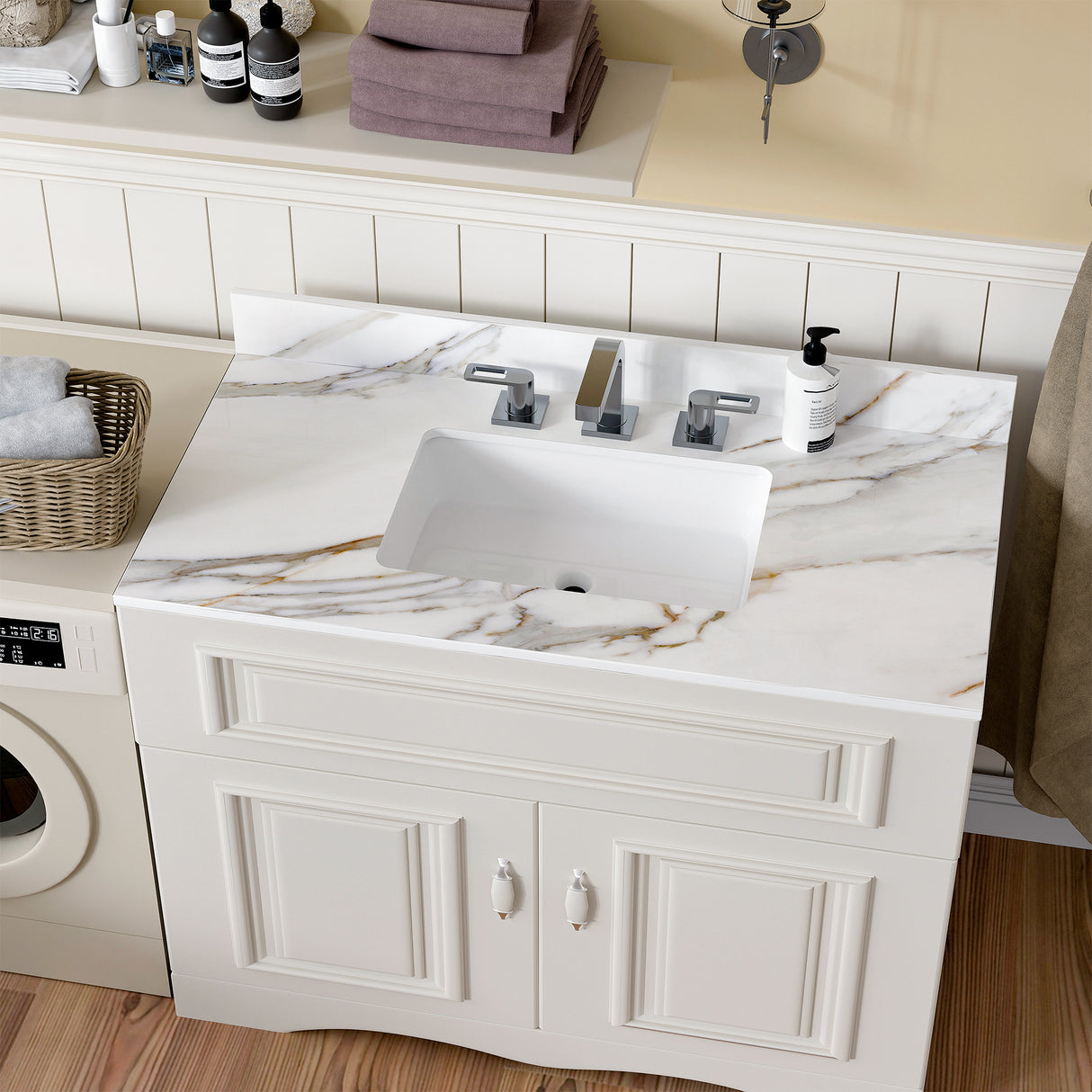 43 inch marble countertop with base rectangular central sink and 4-inch high splash guard, pre drilled 8-inch faucet hole ,white - V.I.P Digital Presence