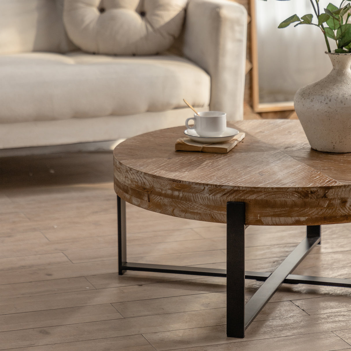 31.29"Modern Retro Splicing Round Coffee Table Fir Wood Table Top with Cross Legs Metal Base(Same SKU:W757123560)
