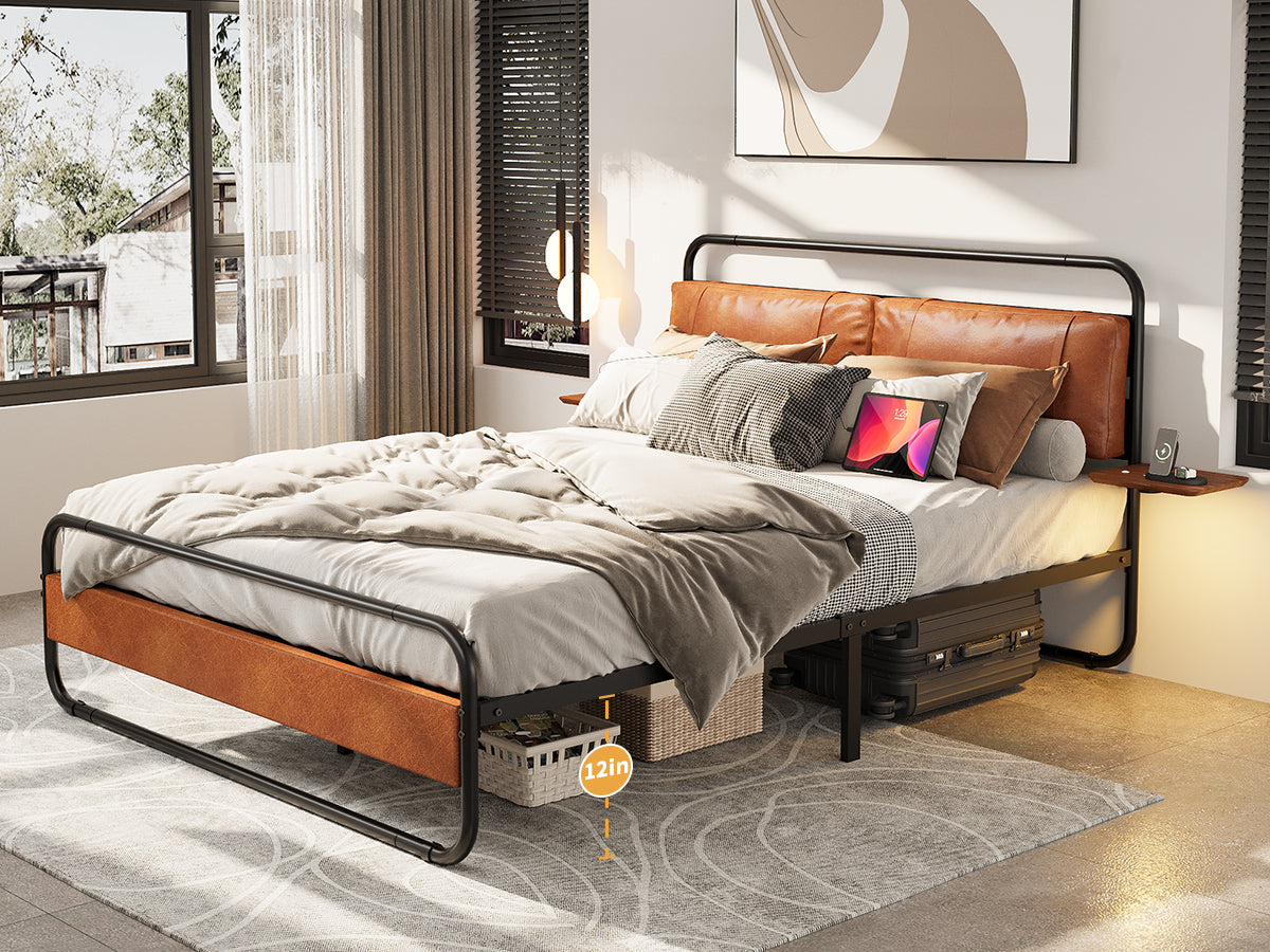King Size Metal Bed Frame with Upholstered Headboard, with wireless charging and USB A & USB C, Touch LED light Vintage Brown - V.I.P Digital Presence