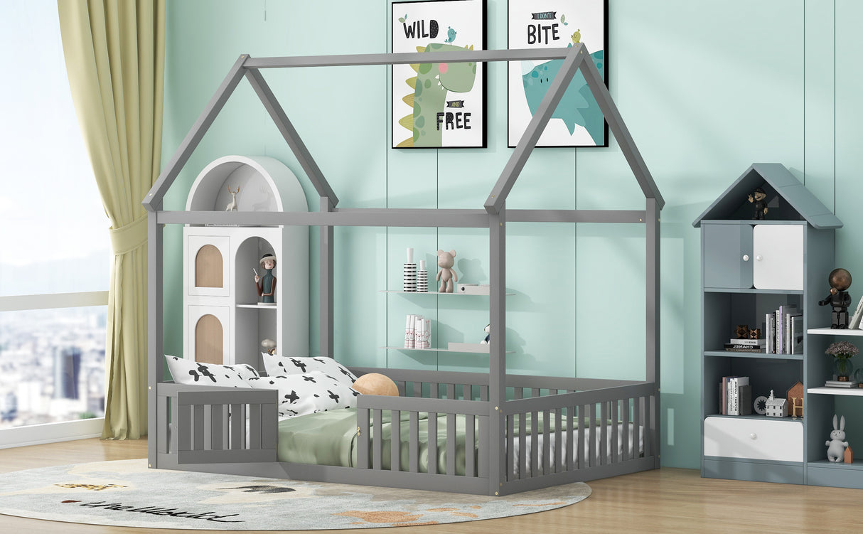Full Size Wood House Bed with Fence and Door, Gray - V.I.P Digital Presence
