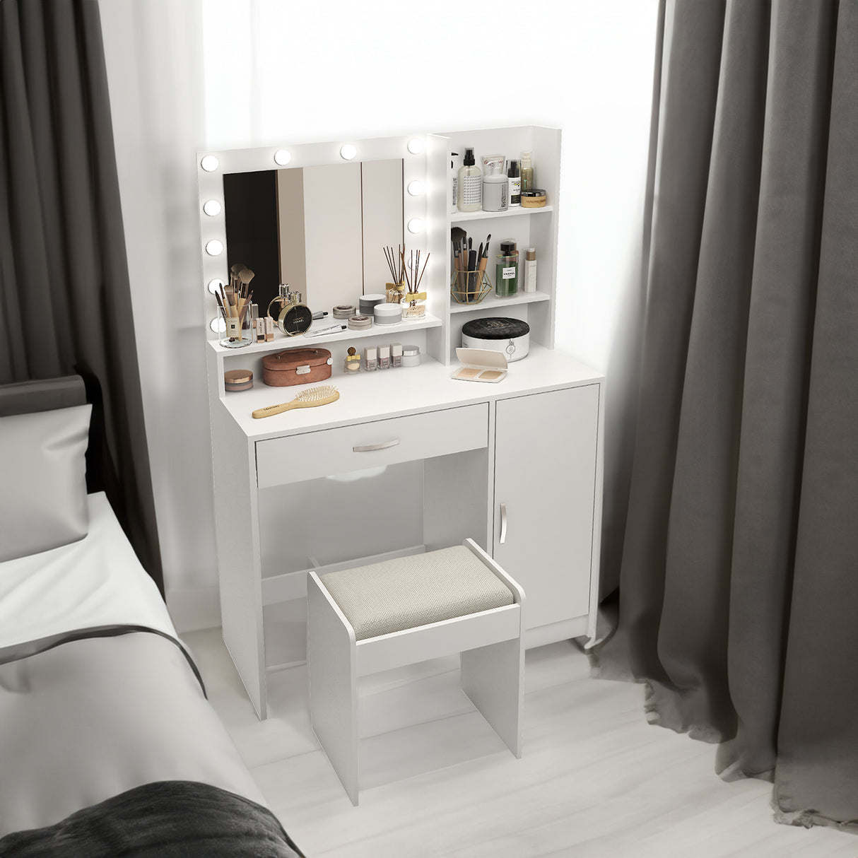 Large drawer with mirror and light, three-layer storage vanity, adjustable brightness for 3 lighting modes (white with stool) - V.I.P Digital Presence