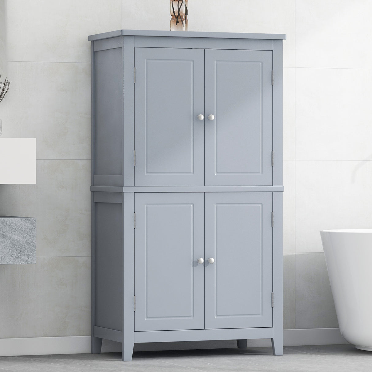 Bathroom floor storage cabinet, bathroom storage cabinet, 4-door independent cabinet, adjustable shelf, adaptive shelf, gray - V.I.P Digital Presence