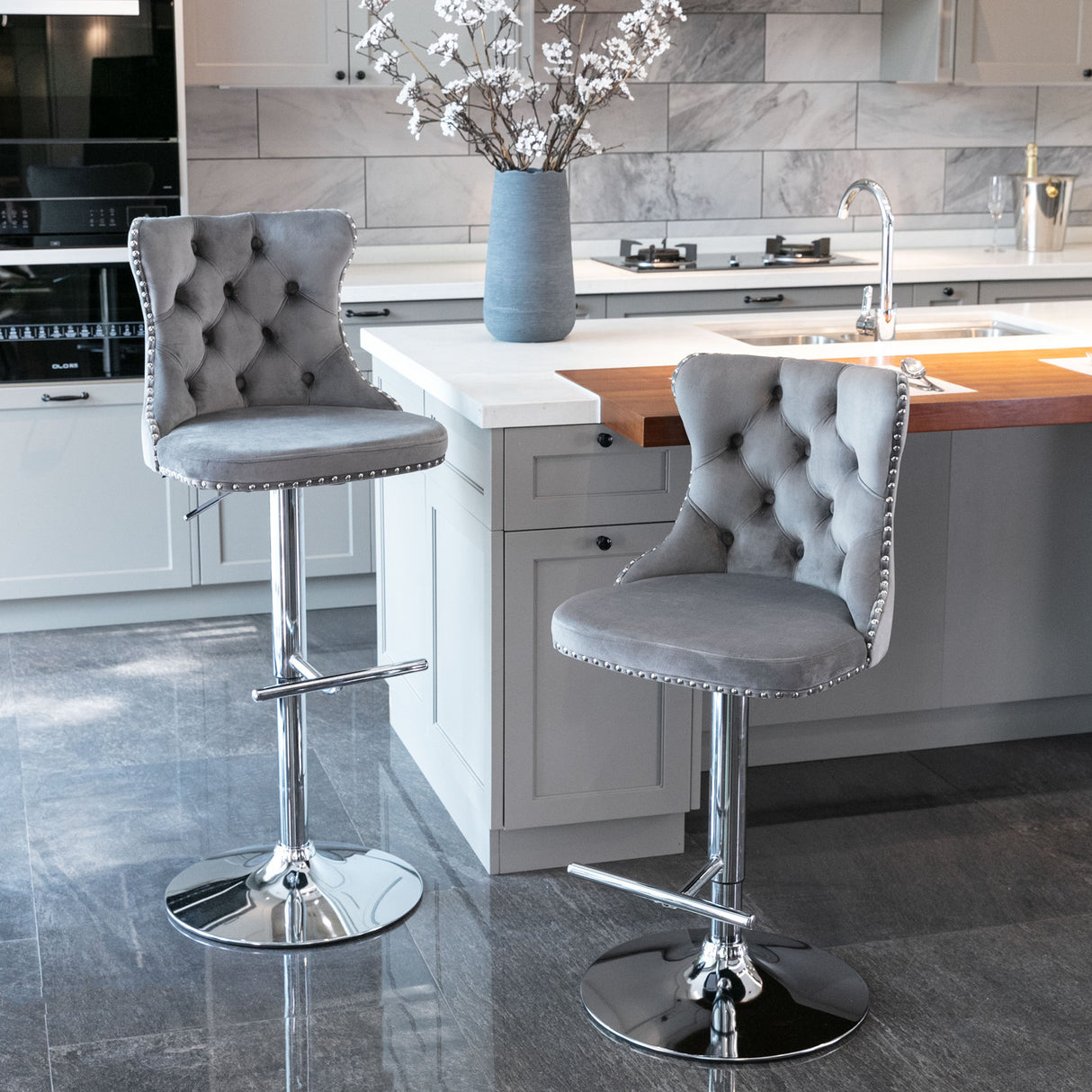 (Gray,Set of 2) 25-33 Inch, Modern Upholstered Chrome base Bar Stools with Backs Comfortable Tufted for Home Pub and Kitchen
