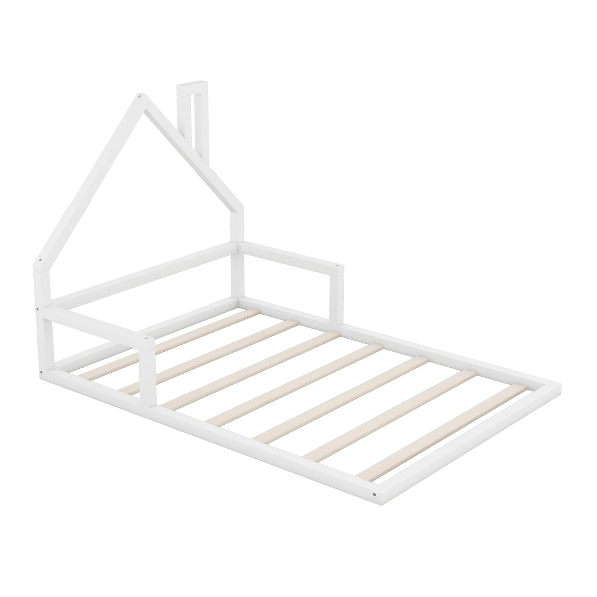 Full Size Wood Floor Bed with House-shaped Headboard White