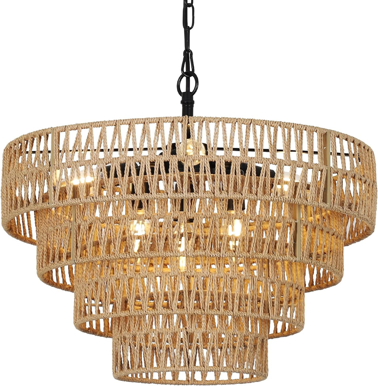 6-Light Dining Room Light Fixture, Wicker Pendant Lighting with 4-Tier Woven Lampshade, Large Farmhouse Chandeliers (20") - V.I.P Digital Presence