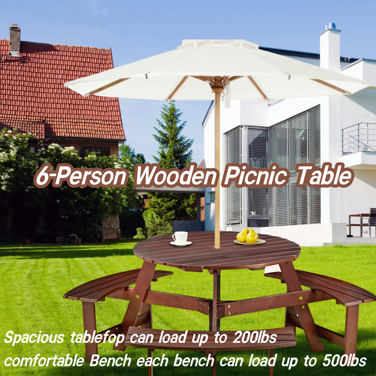 6-person circular picnic table with 3 built-in benches, umbrella holes, outdoor tables and chairs brown bench set - V.I.P Digital Presence