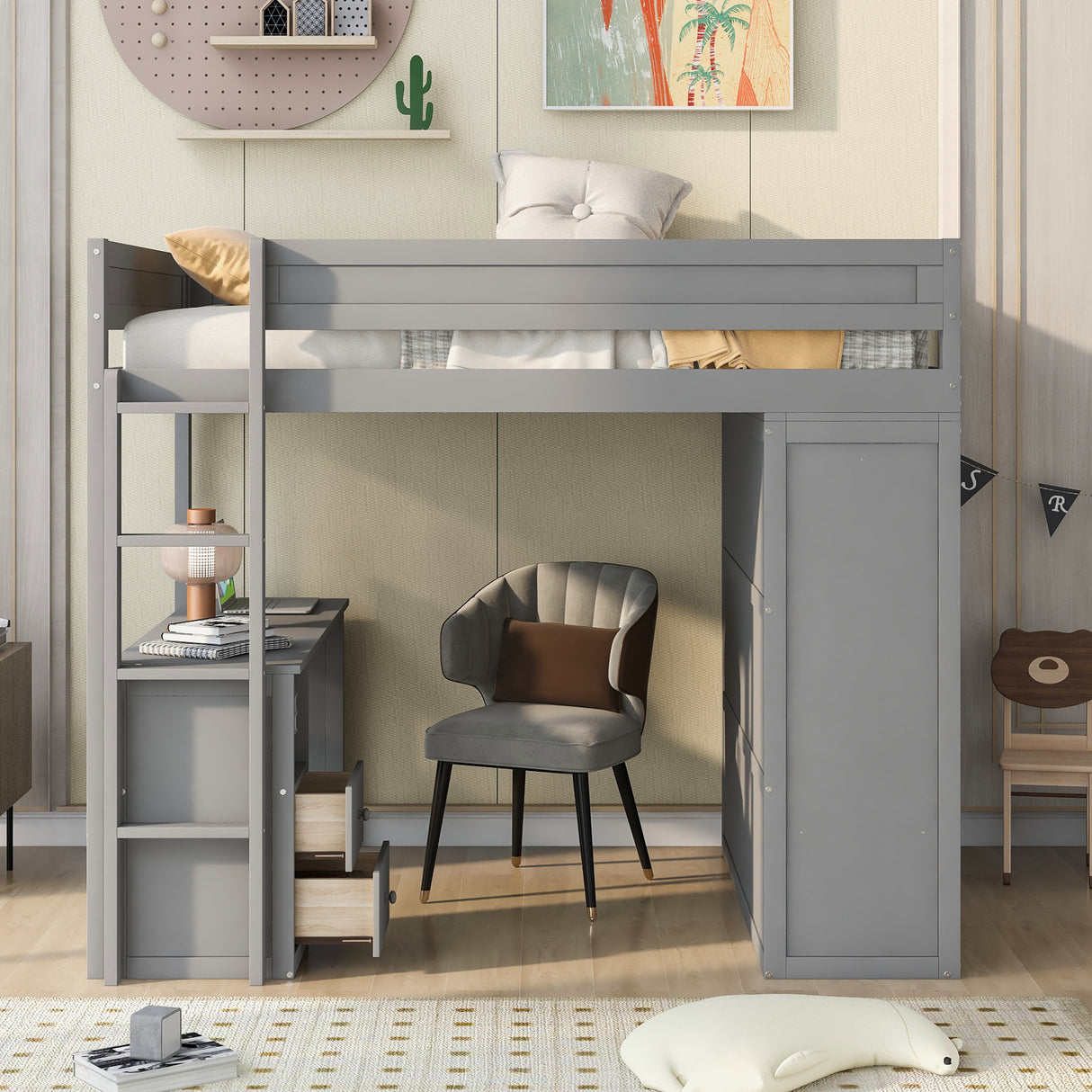 Wood Full Size Loft Bed with Wardrobes and 2-Drawer Desk with Cabinet Gray