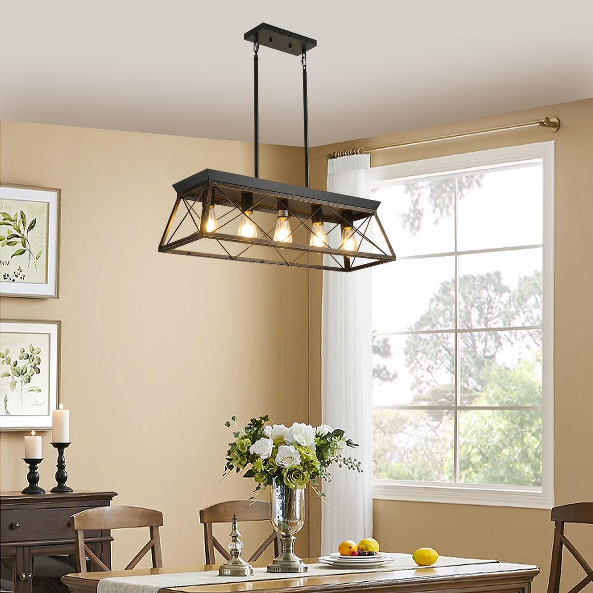 5-Light Farmhouse Chandeliers for Dining Room Metal Rustic Pendant Island Light Modern Rectangular Island Lights (No Bulbs)