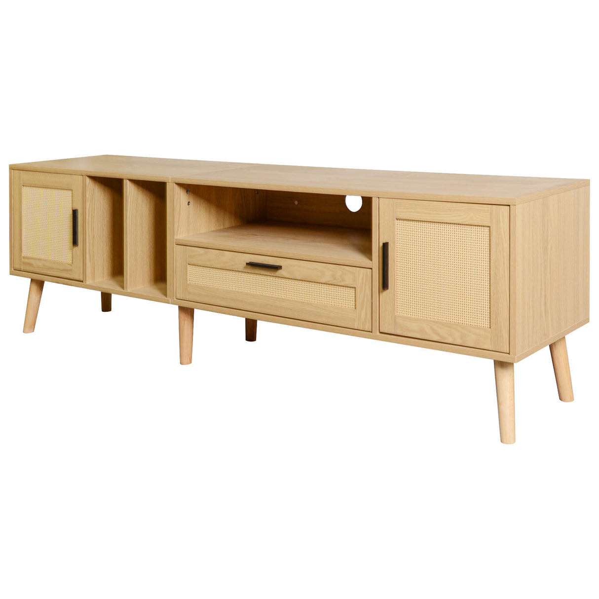 Vine TV stand with 2 cabinets and 2 open shelves, suitable for TVs under 80 inches, with solid wood legs for TV cabinets - V.I.P Digital Presence