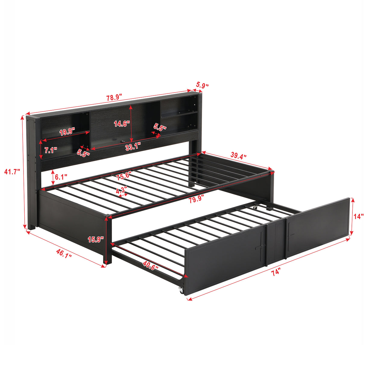 Metal Twin Size Daybed with Twin Size Trundle Storage Shelves and USB Ports Black