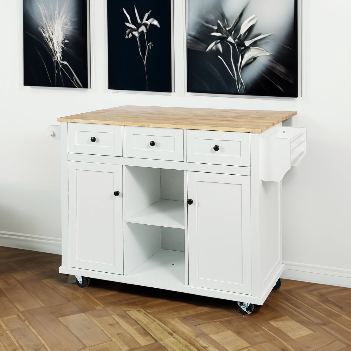 Kitchen trolley with rubber wood leaf countertop, 5-wheel kitchen island, storage cabinet and 3 dining drawers, white - V.I.P Digital Presence