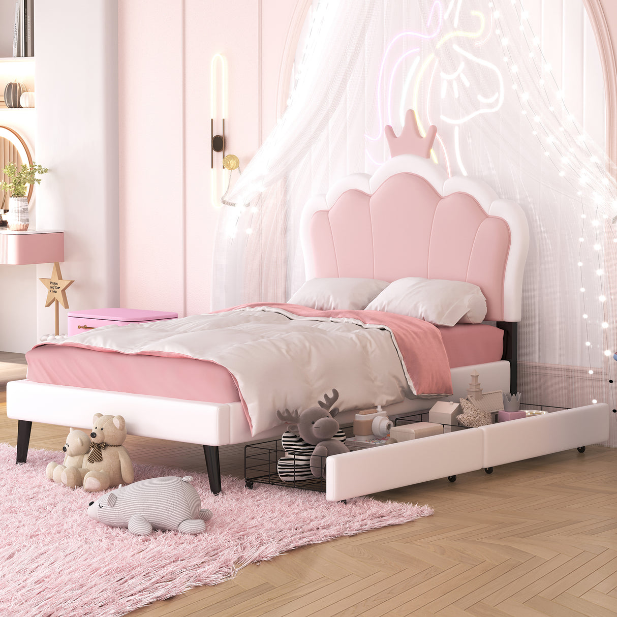 Twin cushion princess bed with crown headboard and 2 drawers with headboard and footrest, pink+white - V.I.P Digital Presence