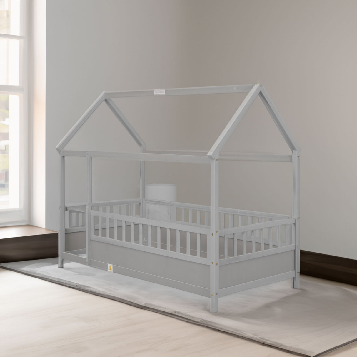 Twin Size Floor Wooden Bed with House Roof Frame Fence Guardrails Grey - V.I.P Digital Presence