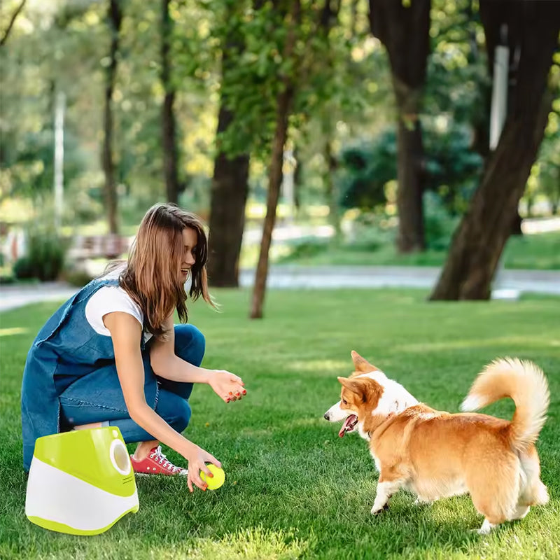 Rechargeable automatic tennis ball launcher for pets. Includes 3 balls, promotes interactive play. - V.I.P Digital Presence