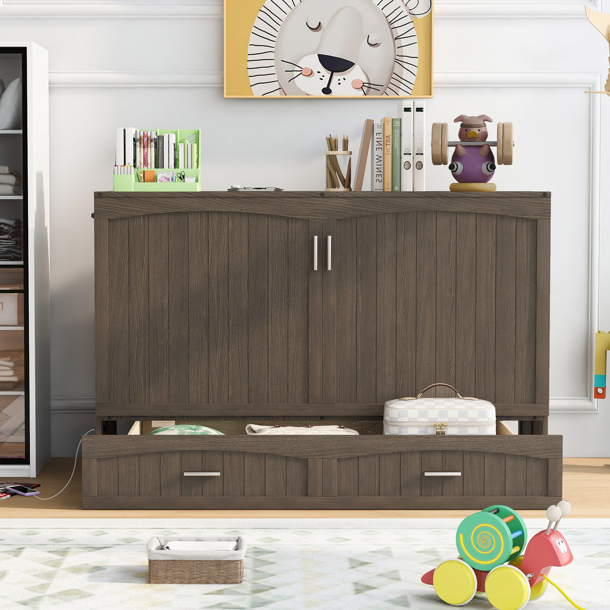 Queen Size Murphy Bed with Built-In Charging Station Antique Grey