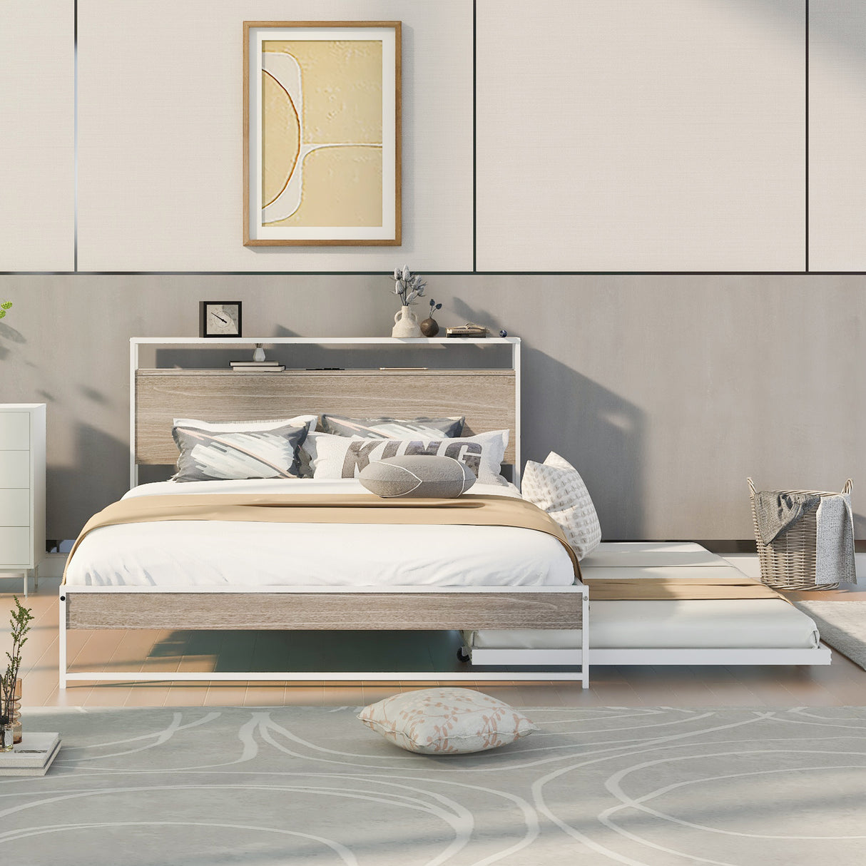 Queen Size Metal Platform Bed Frame with Trundle, USB Ports and Slat Support ,No Box Spring Needed White - V.I.P Digital Presence