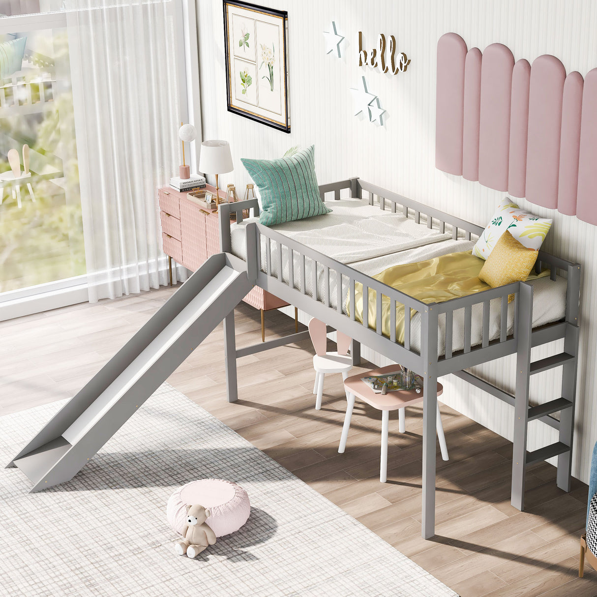 Twin Size Low Loft Bed with Ladder and Slide Gray