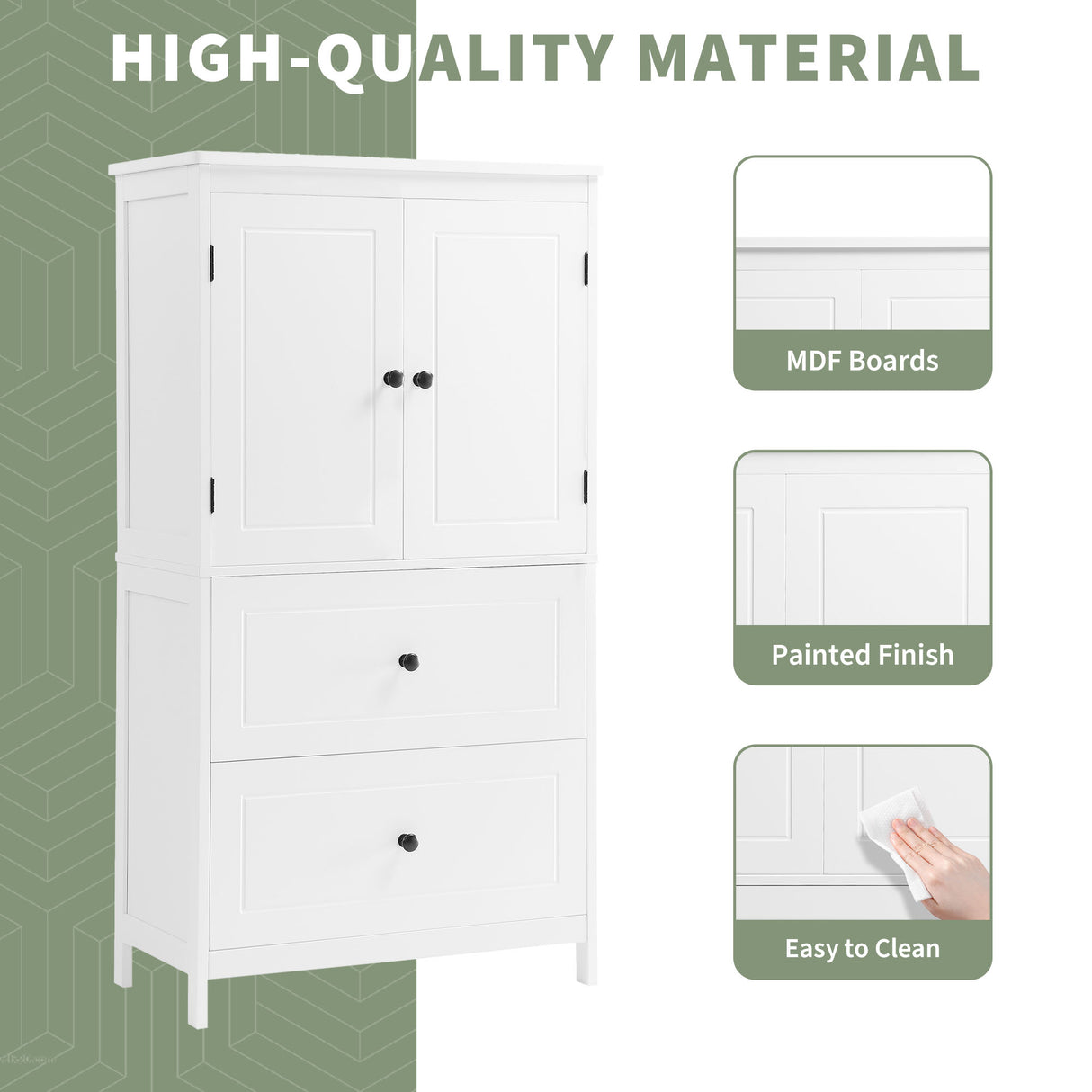 Bathroom Storage Cabinet, Cabinet with Two Doors and Drawers, Adjustable Shelf, MDF Board, White - V.I.P Digital Presence