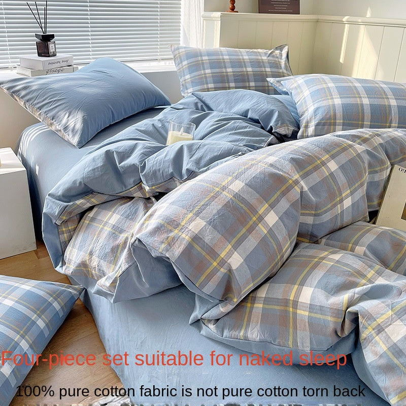 Juego de ropa de cama de algodón lavado teñido de algodón puro de clase A, sábana plana, funda de edredón, sábana ajustable, funda de edredón, juego de tres piezas a rayas