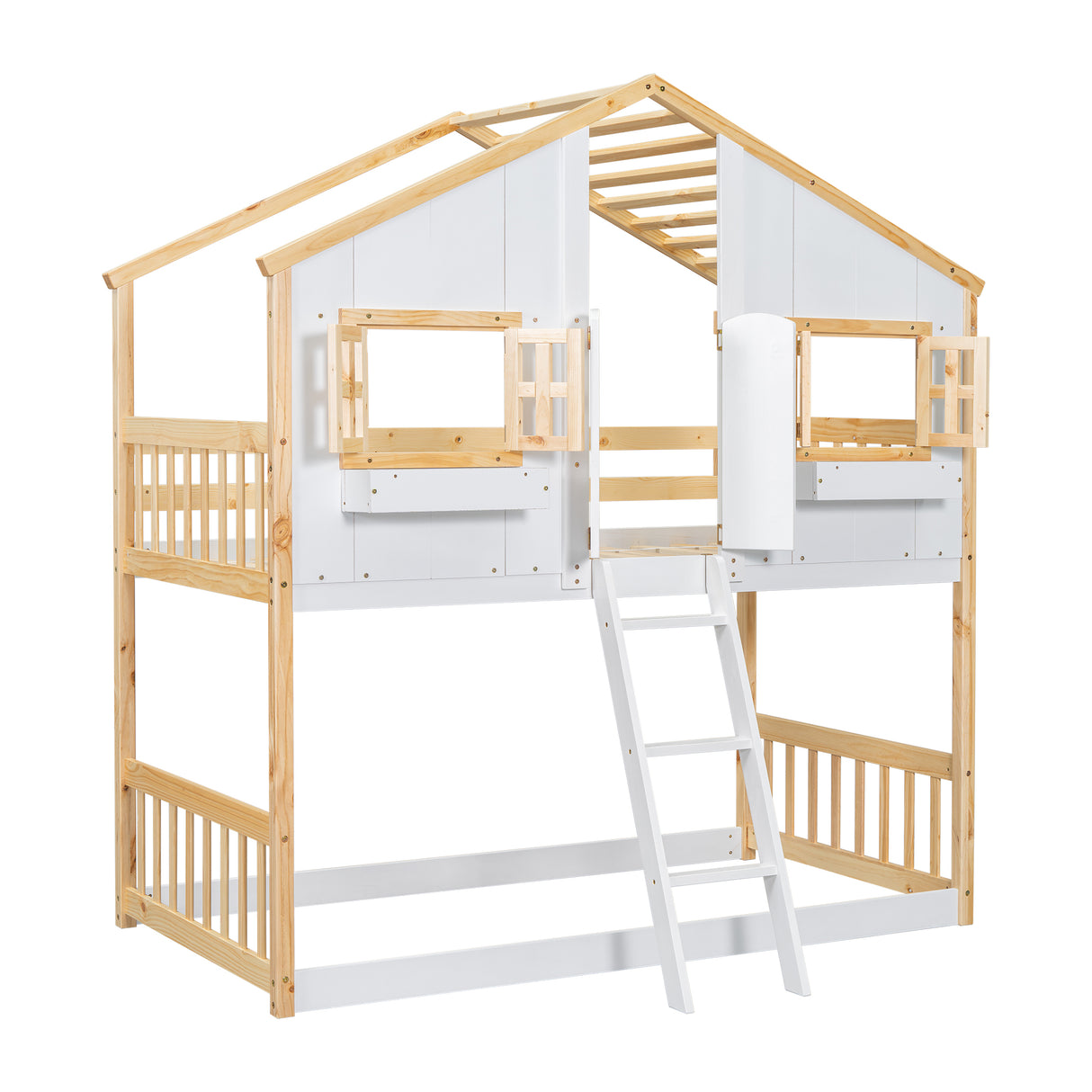 Twin over Twin House Bunk Bed with Roof , Window, Window Box, Door , with Safety Guardrails and Ladder, Natural/White - V.I.P Digital Presence