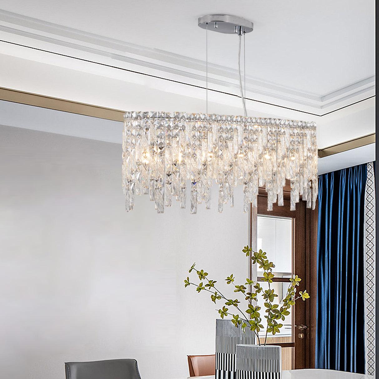 Silver elegant oval crystal pendant light, modern ceiling fixture with reflective suspended crystal (bulb not included) - V.I.P Digital Presence