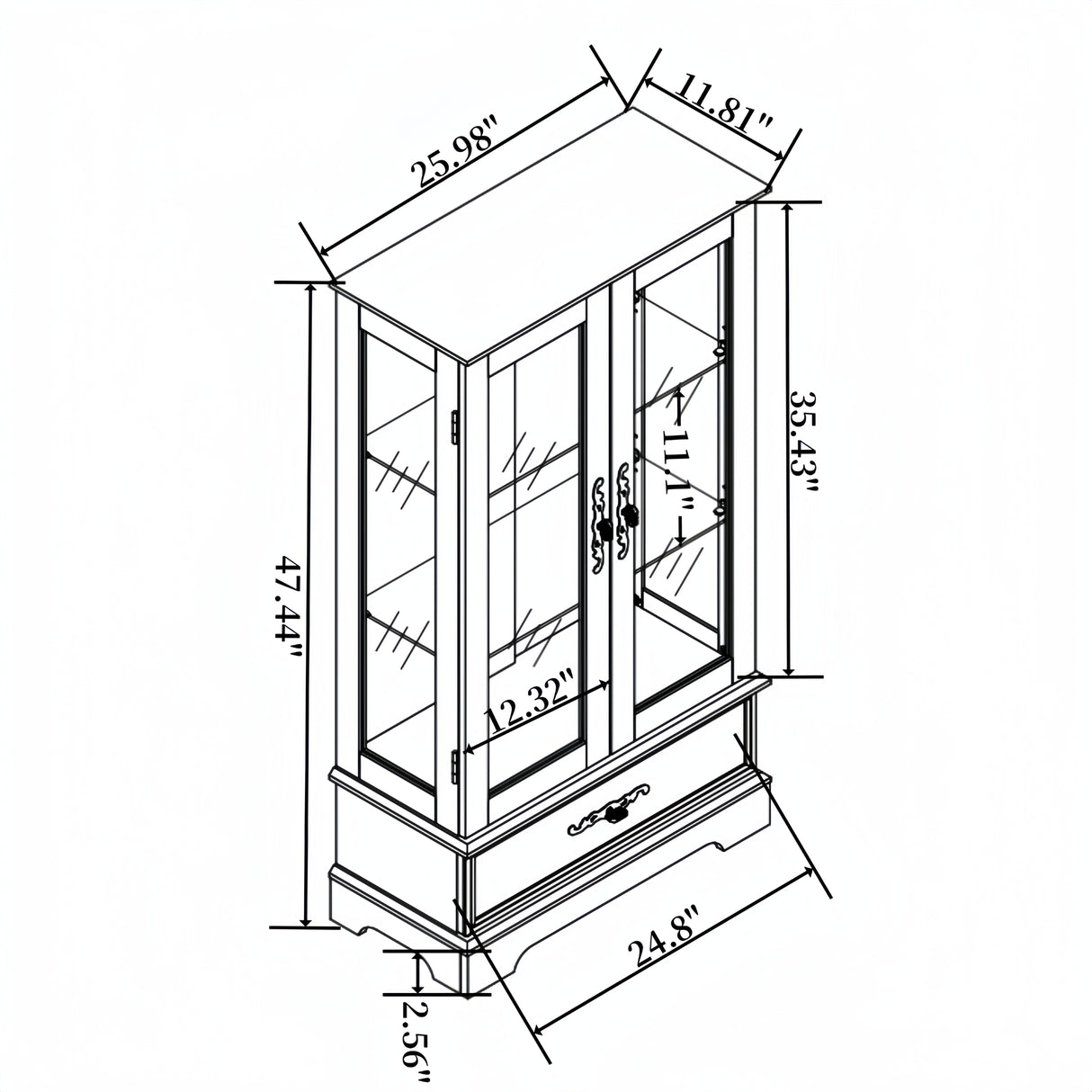 Light colored glass cabinet with adjustable glass frame, including cabinet light bulbs OAK with 2 doors and 1 drawer - V.I.P Digital Presence