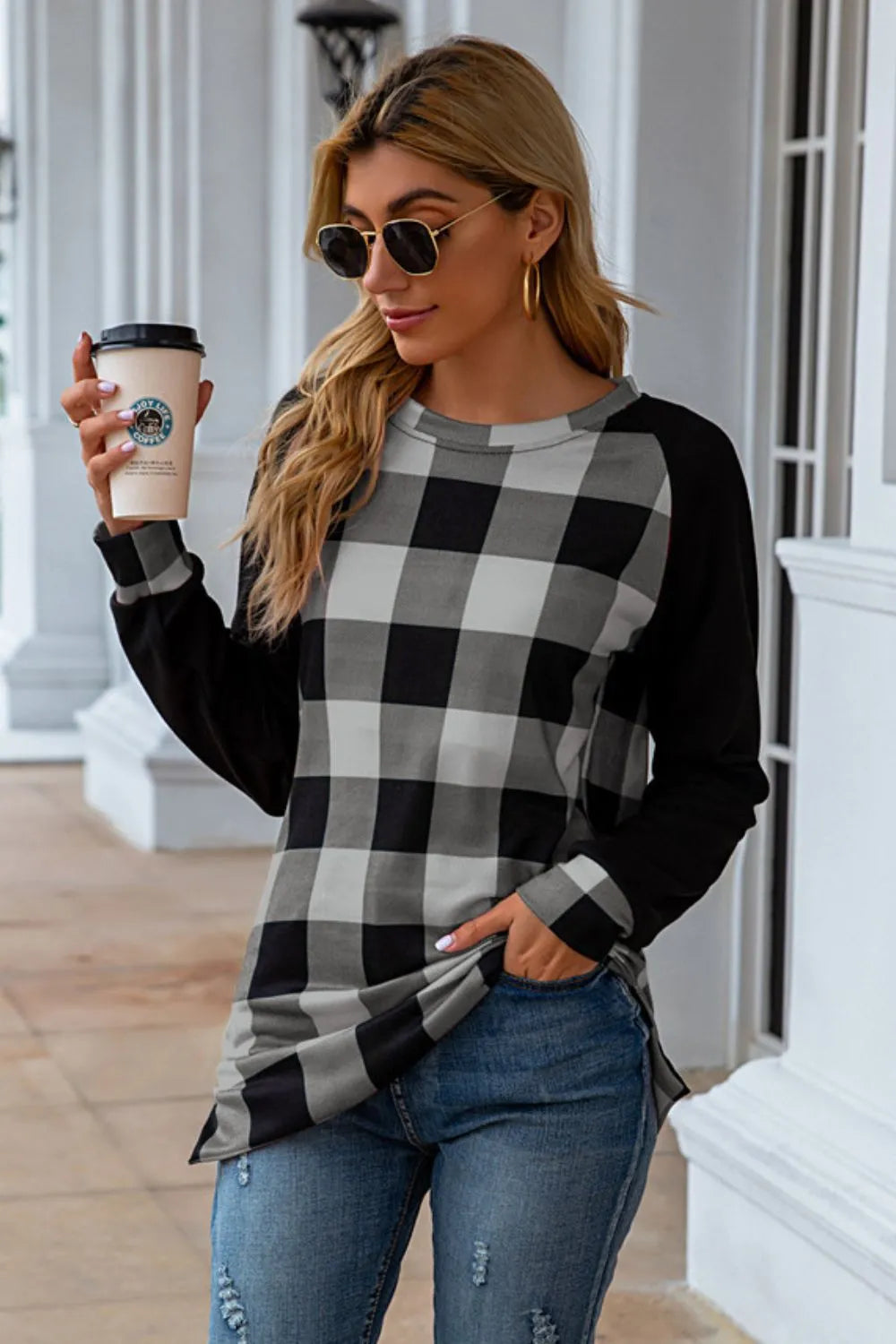 Plaid Round Neck Long Sleeve T-Shirt - V.I.P Digital Presence