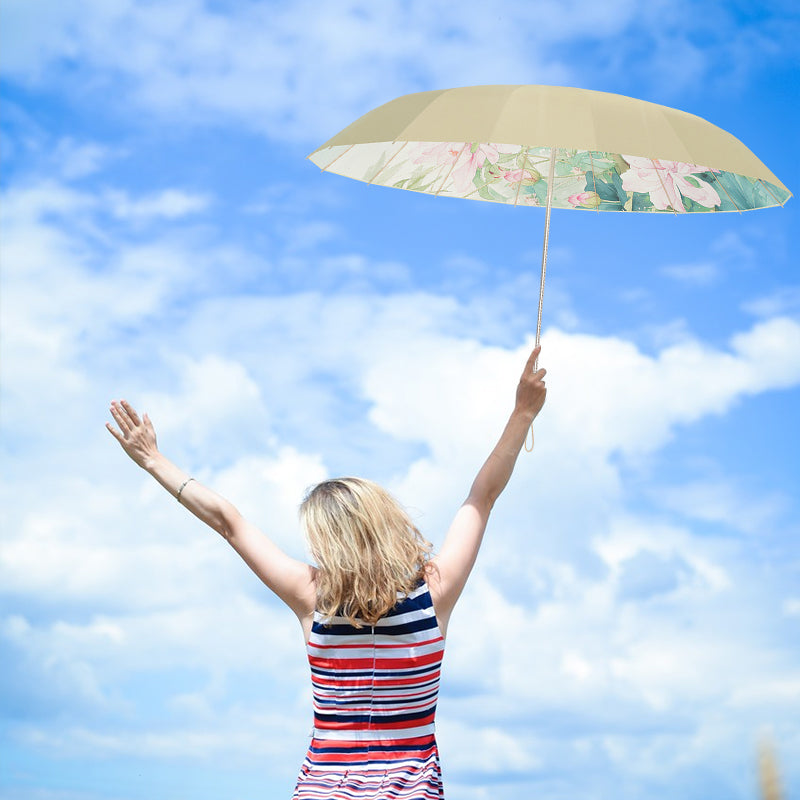 Marco de aleación de aluminio dorado y caucho de color de 16 costillas: nuevo paraguas plegable retro chino con protección solar y resistencia a los rayos UV.