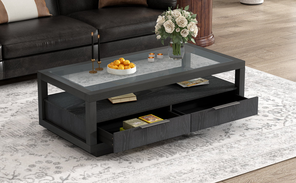 U-Can modern wooden coffee table with 2 drawers and minimalist display coffee table with transparent tempered glass - V.I.P Digital Presence