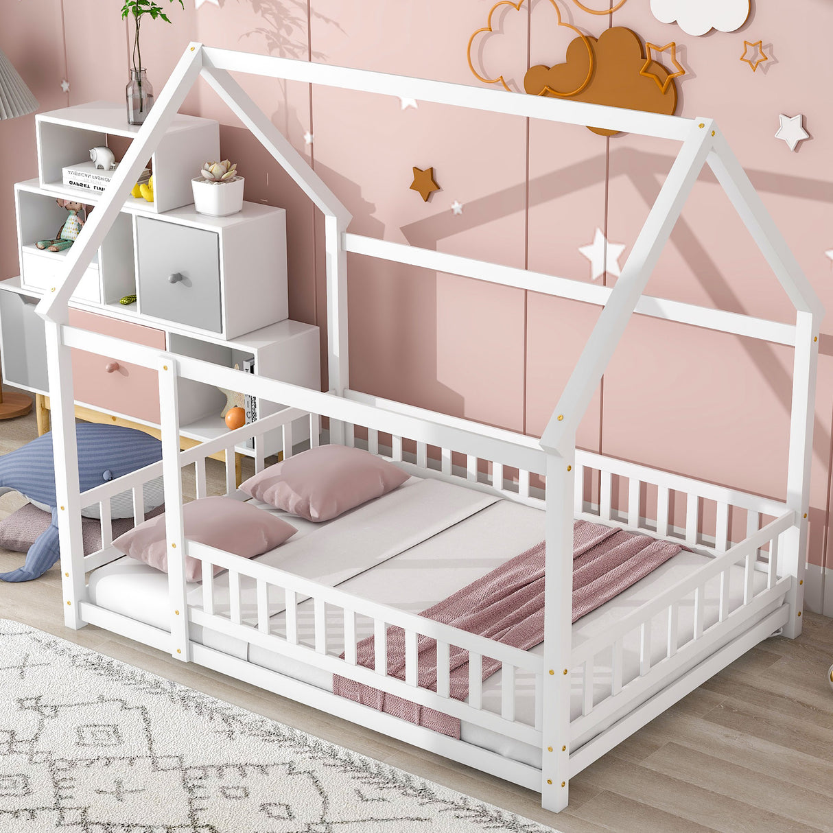 Full Size Floor Wooden Bed with House Roof Frame, Fence Guardrails ,White - V.I.P Digital Presence