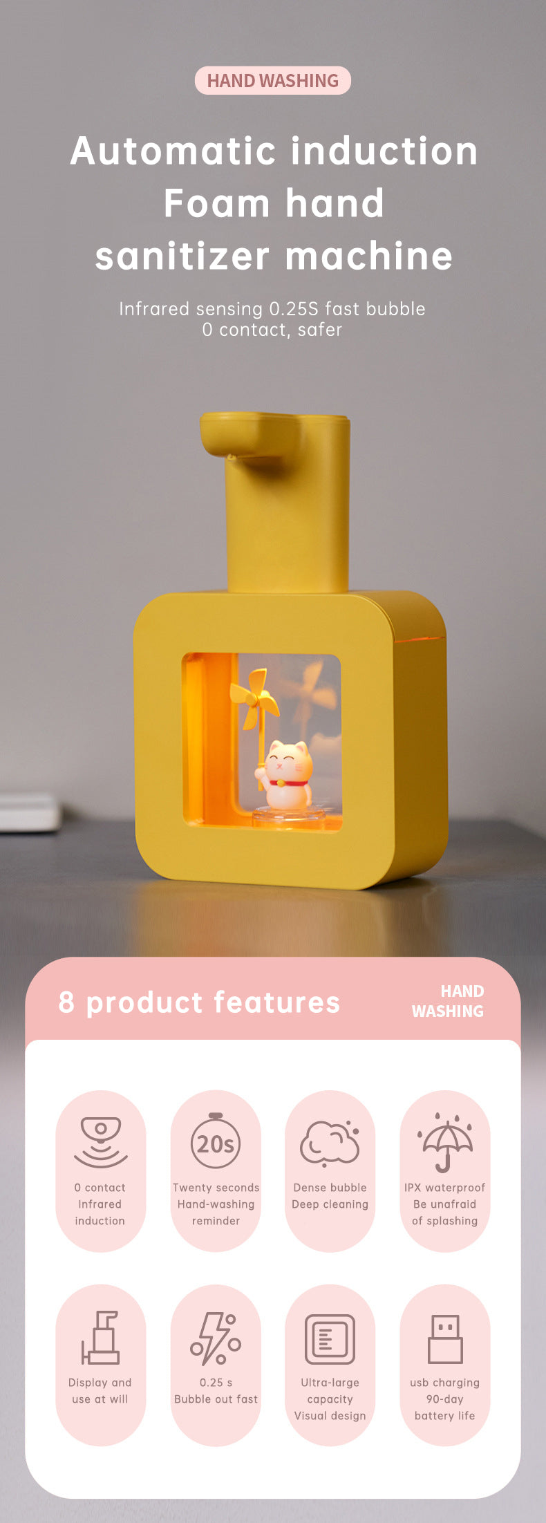 Cute Cat Rechargeable Touchless Automatic Soap Dispenser 400ml Kids foam Soap Dispenser with Night Light - V.I.P Digital Presence