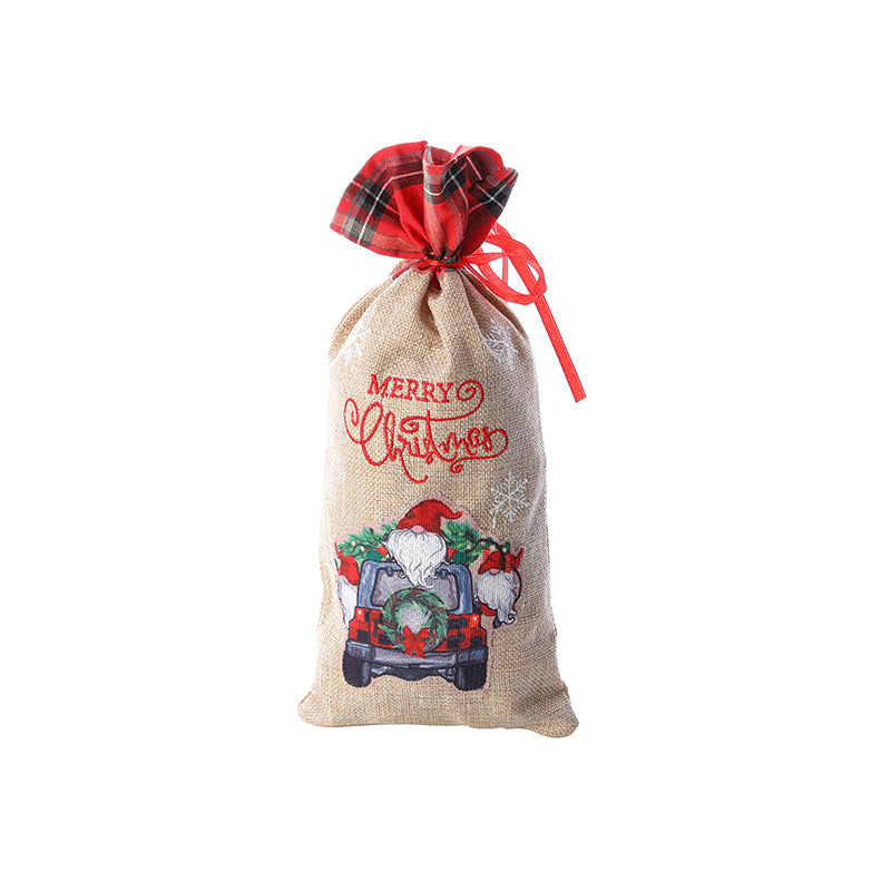 Christmas gift bag, letter printed Santa Claus home decoration, plaid linen red wine set - V.I.P Digital Presence