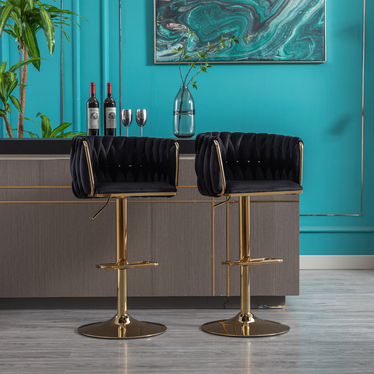Set of 2 Bar Stools with Chrome Footrest and Base Swivel Height Velvet + Golden Leg Simple Bar Stool-Black